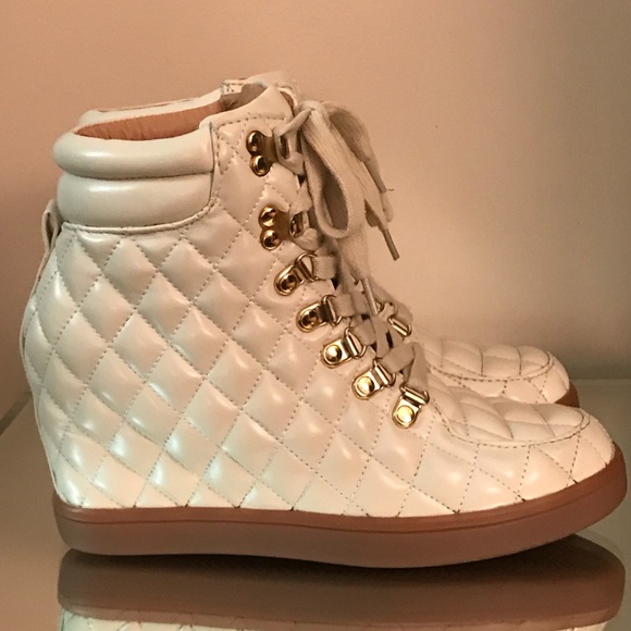 Cream color quilted faux leather wedge sneakers - Picture 1 of 6